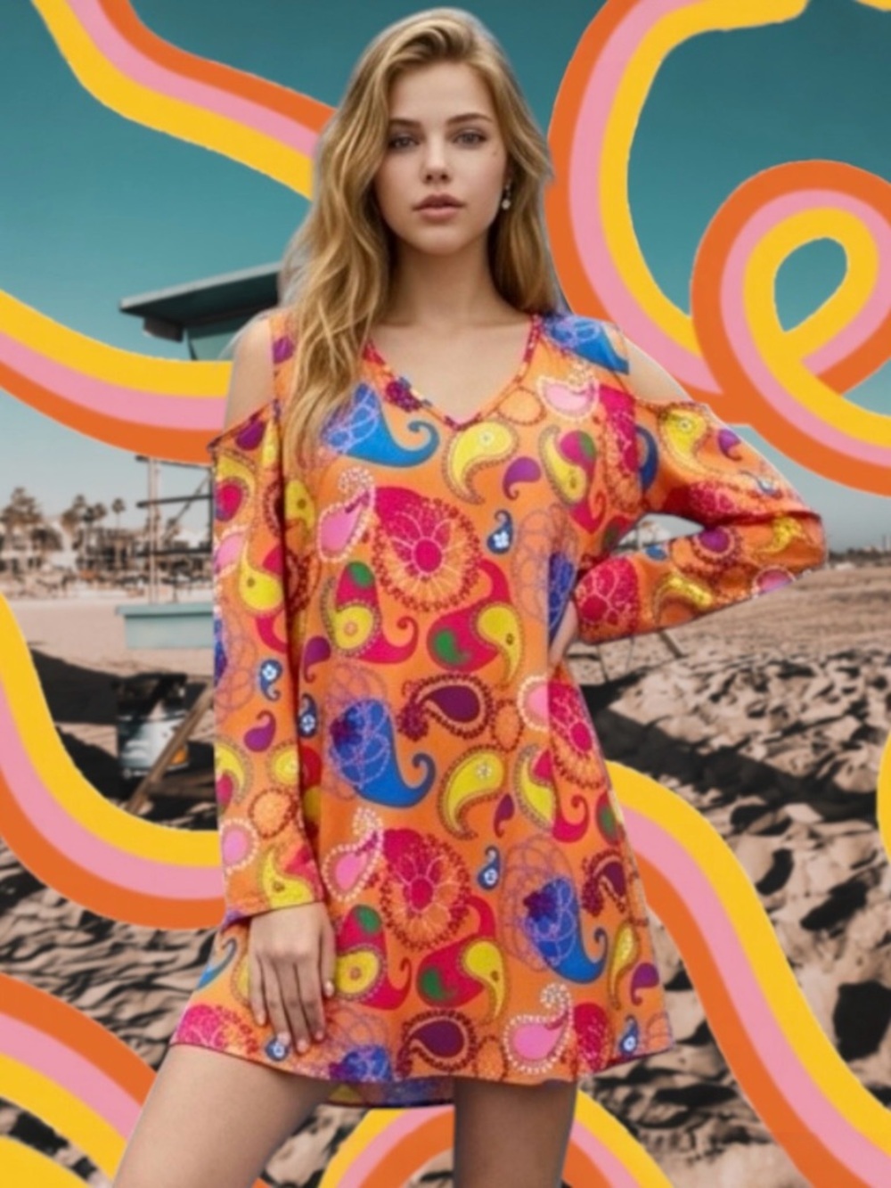 2 for $30 | Costume - 70s Hippie Psychedelic Costume Mini Dress in Bright Orange